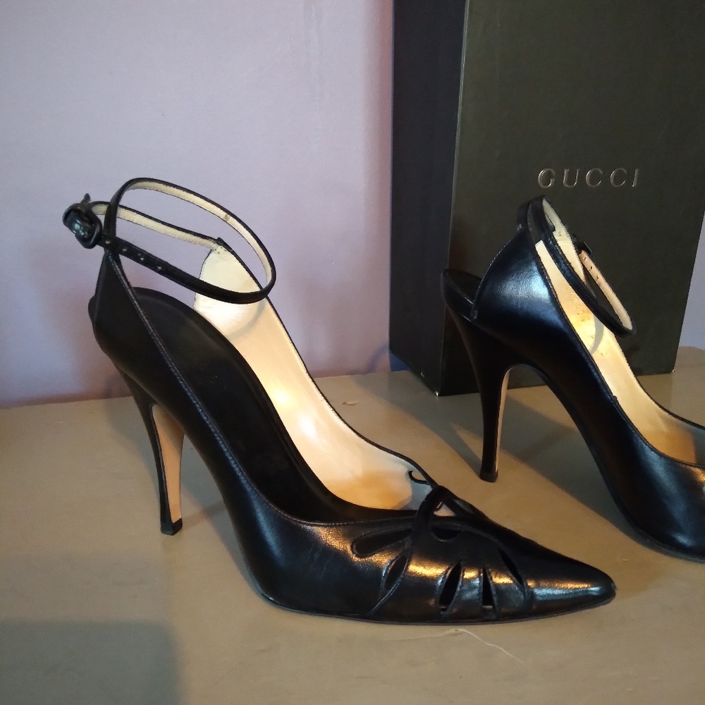 Gucci black high heel ankle strap shoe